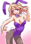  animal_ears aya_shachou bare_shoulders black_legwear blonde_hair blush breasts bunny_ears bunny_girl bunny_tail bunnysuit cleavage detached_collar highres long_hair looking_at_viewer maribel_hearn open_mouth pantyhose purple_eyes rabbit_ears short_hair smile solo tail touhou violet_eyes 