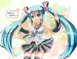  :d aqua_eyes aqua_hair bare_shoulders black_legwear blush character_name detached_sleeves double_v hatsune_miku heart long_hair necktie open_mouth skirt smile solo thigh-highs thighhighs twintails unomi v very_long_hair vocaloid 