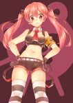  armband belt blush breasts detached_collar from_below frown gloves hands_on_hips highres long_hair looking_at_viewer midriff momobako navel original red_eyes red_hair redhead rojiko shorts solo striped striped_legwear thigh-highs thighhighs twintails vocaloid 