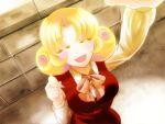  blonde_hair blush closed_eyes curly_hair dress elly happy headwear_removed long_sleeves maro4 open_mouth red_dress ribbon short_hair smile solo touhou touhou_(pc-98) 