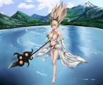  armor bare_shoulders barefoot bikini_armor breasts bustier cleavage collarbone darkautism feet gloves highres janna_windforce lake large_breasts league_of_legends mountain nail_polish pointy_ears signature solo staff tiara toenails white_gloves 