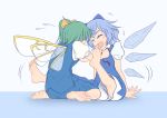  barefoot bloomers blue_hair bow cirno daiyousei fairy_wings fang feet green_hair hair_bow iromeki_overdrive multiple_girls open_mouth side_ponytail sitting smile soles toes touhou wariza wings 