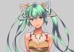  aqua_eyes aqua_hair hagehiro hatsune_miku headphones highres jewelry long_hair looking_at_viewer necklace no_nose simple_background smile solo twintails vocaloid 