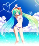  aqua_eyes armpits arms_up bikini cloud clouds condensation_trail flower green_hair hair_flower hair_ornament hatsune_miku highres lens_flare long_hair m-shiganai navel side-tie_bikini sky smile solo swimsuit twintails very_long_hair vocaloid water wink 