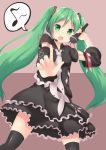  :d binsen dress green_eyes green_hair hatsune_miku highres index_finger_raised long_hair looking_at_viewer microphone musical_note open_mouth outstretched_arm raised_finger smile solo spoken_musical_note thigh-highs thighhighs twintails very_long_hair vocaloid 