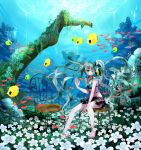  bikini_top chair conomi-c5 fish floating_hair green_eyes green_hair hatsune_miku highres long_hair sitting skirt smile solo submerged twintails underwater very_long_hair vocaloid wink 