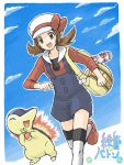  1girl bag berries bow brown_eyes brown_hair cabbie_hat cyndaquil hat kotone_(pokemon) low_twintails open_mouth overalls pokegear pokemon pokemon_(creature) pokemon_(game) pokemon_hgss running sky smile tegaki thigh-highs thighhighs 