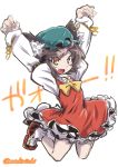  1girl animal_ears arms_up artist_name bow brown_hair cat_ears cat_tail chen earrings hat ichigatsu_toshikazu jewelry jumping multiple_tails open_mouth short_hair sketch smile solo tail touhou 