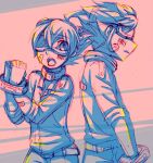  2boys barcode bound_wrists collar cr72 goggles inazuma_eleven inazuma_eleven_(series) inazuma_eleven_go matsukaze_tenma multiple_boys open_mouth spot_color tsurugi_kyousuke 