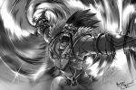  arm_guards draven dust epic facial_hair headband league_of_legends male monochrome mustache open_mouth ranger_squirrel short_hair signature spiked_hair spikes spiky_hair spinning teeth vest 