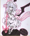  &gt;:d :d artist_name bat_wings blue_hair bow character_name earlgrey hat hat_bow low_wings no_nose open_mouth polearm puffy_sleeves red_eyes remilia_scarlet shikishi short_hair short_sleeves smile solo spear spear_the_gungnir touhou traditional_media weapon wings wrist_cuffs 