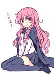  blush cape long_hair louise_francoise_le_blanc_de_la_valliere mary_janes pcmaniac88 pentacle pink_eyes pink_hair pleated_skirt shoes simple_background sitting skirt solo thigh-highs thighhighs translated translation_request wariza zero_no_tsukaima 