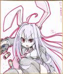  animal_ears artist_name bunny_ears casing_ejection crescent earlgrey gun handgun long_hair long_sleeves necktie open_mouth purple_hair rabbit_ears red_eyes reisen_udongein_inaba shell_casing shikishi solo touhou traditional_media very_long_hair weapon 