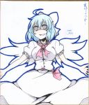  :d artist_name blue_eyes blue_hair bow breasts crazy earlgrey hair_bow mai_(touhou) no_nose open_mouth puffy_sleeves shikishi short_hair short_sleeves smile solo touhou touhou_(pc-98) traditional_media white_wings wings 