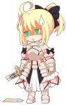  :&lt; ahoge armor armored_dress blonde_hair bow broken_sword caliburn chibi donguri dress fate/stay_night fate/unlimited_codes fate_(series) gauntlets green_eyes hair_bow long_hair ponytail saber saber_lily shaded_face solo sweatdrop sword transparent_background weapon 