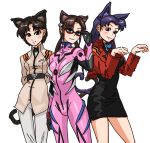  3girls :3 adjusting_glasses animal_ears arms_behind_back blue_eyes blush brown_eyes brown_hair cat_ears cropped_jacket evangelion:_2.0_you_can_(not)_advance glasses ibuki_maya katsuragi_misato kemonomimi_mode kiriririn long_hair makinami_mari_illustrious miniskirt multiple_girls neon_genesis_evangelion no_legwear paw_pose plugsuit purple_hair rebuild_of_evangelion red-framed_glasses short_hair skirt twintails uniform 