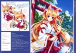  3girls absurdres animal_ears blonde_hair blue_eyes character_sheet chibi cloud clouds copyright_request fan flower fox_ears happy highres japanese_clothes kitsune_mimi m.t.w. miko multiple_girls open_mouth ribbon riv sky smile tail tree two_side_up wink 