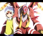  arms_behind_back blonde_hair brown_hair digimon digimon_adventure feathers garudamon glowing glowing_eyes green_eyes hat lemon_(wzcrybmi) letterboxed long_hair monster red_eyes short_hair smile takenouchi_sora wings 