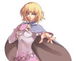  al_(spectral_force) blonde_hair blue_eyes cape dress earrings expressionless jewelry official_art pink_dress short_hair solo spectral_(series) spectral_force white_background 