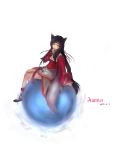  ahri animal_ears boots braid breasts cleavage detached_sleeves facial_mark fox_ears fox_tail hand_to_mouth league_of_legends long_hair orb signature sitting solo tail white_background yellow_eyes yukoluvj 