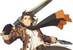  alvin_(tales_of_xillia) belt black_gloves brown_eyes brown_hair coat cravat dual_wielding gloves gun male official_art over_shoulder pants shirt smile solo sword tales_of_(series) tales_of_xillia transparent_background weapon white_background 