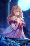  bare_shoulders blonde_hair blue_eyes blue_moon bow breasts clenched_hand cocorip collarbone column earrings flower full_moon hand_on_own_chest jewelry long_hair lowres midriff moon navel night night_sky off_shoulder outdoors pillar ribbon rose rose_pacifica sky solo star star_(sky) starry_sky sword_girls 