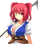  ash_(pixiv) breasts cleavage collarbone huge_breasts onozuka_komachi puffy_sleeves red_eyes red_hair redhead scythe short_hair short_sleeves smile solo touhou twintails weapon white_background wink 
