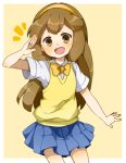  brown_eyes brown_hair ebo hairband inazuma_eleven inazuma_eleven_(series) inazuma_eleven_go inazuma_eleven_go_chrono_stone nanobana_kinako open_mouth salute school_uniform skirt smile sweater_vest 