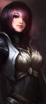  armor blue_eyes breastplate fiora_laurent league_of_legends multicolored_hair purple_hair red_hair redhead short_hair signature solo yy6242 