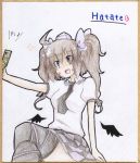  &gt;:d :d ahoge black_legwear black_wings brown_hair cellphone character_name detached_wings earlgrey hat heart himekaidou_hatate long_hair low_wings necktie no_nose open_mouth phone pointy_ears puffy_sleeves purple_eyes shikishi short_sleeves smile solo thigh-highs thighhighs tokin_hat touhou traditional_media twintails violet_eyes wings 