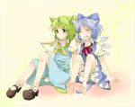  animal_ears bloomers blue_eyes blue_hair blush bow cat_ears cat_tail cirno closed_eyes daiyousei eyes_closed fairy_wings green_hair grin hair_bow ice ice_wings kemonomimi_mode mary_janes misocha multiple_girls puffy_sleeves shoes short_hair short_sleeves sitting smile tail touhou wings 