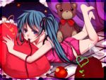  apple aqua_hair bare_legs barefoot blue_eyes camisole cushion food fruit hair_ribbon hatsune_miku looking_at_viewer maka mouth_hold on_stomach panties ribbon romeo_to_cinderella_(vocaloid) solo stuffed_animal stuffed_toy teddy_bear underwear vocaloid 