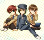  angel_beats! brown_eyes brown_hair computer glasses green_eyes green_hair laptop multiple_boys naoi_ayato necktie ooyama_(angel_beats!) red_hair redhead sensaki_chihiro smile socks takeyama_(angel_beats!) yellow_eyes 