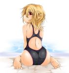  ass back barefoot blonde_hair competition_swimsuit feet from_behind kaminagi-tei looking_back one-piece_swimsuit original pool poolside red_eyes short_hair sitting soles solo swimsuit toes wariza wet 