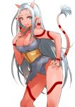  blue_eyes breasts cleavage dragon_quest dragon_quest_x fur gan_(shanimuni) hand_on_hip hand_on_own_chest highres horns large_breasts long_hair monster_girl navel ogre_(dq10) pointy_ears red_skin silver_hair sketch solo spikes tail tattoo 