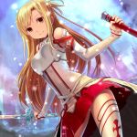  asuna_(sao) bare_shoulders breastplate brown_eyes brown_hair buntan detached_sleeves from_below holding light_particles long_hair scabbard sheath smile solo sword sword_art_online thigh-highs thighhighs weapon white_legwear 