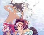  1girl amazake_arika black_hair blue_eyes brown_eyes brown_hair bubble flex freediving goggles grin medarots menokurage navel shirtless short_hair smile snorkel striped striped_swimsuit swim_trunks swimming swimsuit swimsuit_pull tenryou_ikki underwater v 