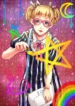  blonde_hair blue_eyes blush cat dress glasses open_mouth original paint paintbrush painting rainbow ruler short_hair solo twintails 