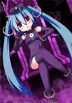  1girl aqua_hair chair crossed_legs dutch_angle elbow_gloves gloves hat hatsune_miku legs_crossed long_hair minami_(colorful_palette) peaked_cap project_diva project_diva_f red_eyes sadistic_music_factory_(vocaloid) sitting solo thigh-highs thighhighs twintails very_long_hair vocaloid 