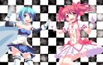  :d armpits blue_eyes blue_hair bow bubble_skirt cape checkered checkered_background gloves gonzaburou hair_bow hand_holding highres holding_hands kaname_madoka magical_girl mahou_shoujo_madoka_magica miki_sayaka multiple_girls open_mouth pink_eyes pink_hair short_hair short_twintails smile soul_gem thigh-highs thighhighs twintails v zettai_ryouiki 