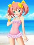  :d bare_shoulders blush bow bracelet chiffon_(sister_quest) green_eyes hair_bow jewelry one-piece_swimsuit open_mouth pink_hair pink_swimsuit short_hair short_twintails sister_quest sky smile solo swimsuit twintails water waving 