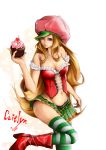  1girl alternate_costume alternate_hair_color anan blonde_hair boots breasts caitlyn_(league_of_legends) character_name cherry corset cupcake food food_themed_clothes frills fruit hat heart league_of_legends long_hair mound_of_venus navel purple_eyes signature skirt smile solo thigh-highs thighhighs very_long_hair violet_eyes 