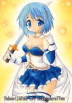  bare_shoulders blue_eyes blue_hair blush breasts frills gloves hair_ornament magical_girl mahou_shoujo_madoka_magica miki_sayaka nightmare77zx short_hair skirt smile solo soul_gem sword thigh-highs thighhighs traditional_media weapon 