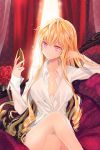  1girl blonde_hair bouquet breasts cinia_pacifica cleavage collarbone crossed_legs curtains dress_shirt drill_hair female flower holding legs_crossed long_hair lowres naked_shirt pink_eyes reum rose shirt sitting smile solo sword_girls very_long_hair 
