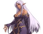  bare_shoulders breasts cleavage dark_skin dress elf long_hair official_art pointy_ears prana purple purple_dress purple_hair red_eyes solo spectral_(series) spectral_force white_background 