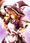  amamorient apron bad_id blonde_hair blue_eyes bow braid broom grin hair_bow hat hat_bow kirisame_marisa puffy_sleeves short_hair short_sleeves side_braid single_braid smile solo touhou wink witch_hat wristband 