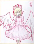  &gt;:d :d ahoge artist_name blonde_hair bow earlgrey gengetsu hair_bow long_sleeves low_wings no_nose open_mouth puffy_sleeves red_eyes shikishi short_hair simple_background smile solo touhou touhou_(pc-98) traditional_media white_background white_wings wings 
