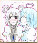  ahoge animal_ears blue_hair blush capelet closed_eyes earlgrey eyes_closed grey_hair heart jewelry mouse_ears mouse_tail multiple_girls nazrin open_mouth pendant puffy_sleeves red_eyes shikishi short_hair silver_hair tail tatara_kogasa touhou traditional_media yuri 