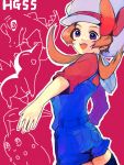  blue_eyes bow brown_hair cabbie_hat chikorita cyndaquil hat kotone_(pokemon) low_twintails open_mouth overalls pink_background pokemon pokemon_(game) pokemon_hgss simple_background smile solo tegaki thigh-highs thighhighs title_drop totodile zettai_ryouiki 