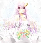  alternate_costume blush bouquet breasts bridal_veil cleavage crescent dress ehimedaisuki elbow_gloves flower gloves hair_ornament hair_ribbon highres letterboxed long_hair patchouli_knowledge pink_rose purple_eyes purple_hair ribbon rose smile solo touhou veil violet_eyes wedding_dress yellow_rose 